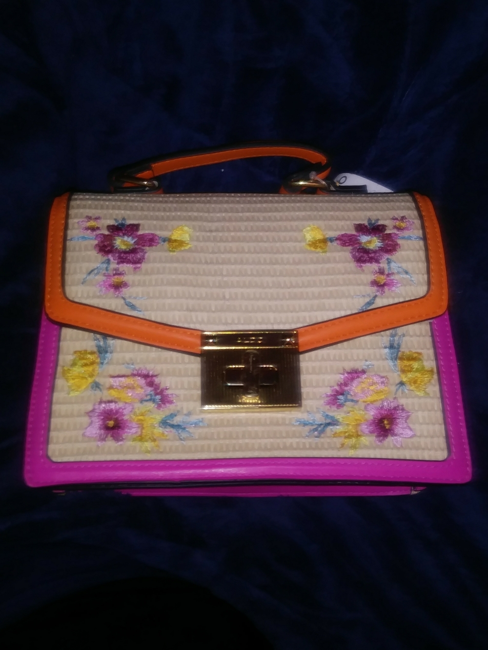 Aldo Cream Floral Embroidered Top-Handle Satchel with Pink & Orange Trim NWT